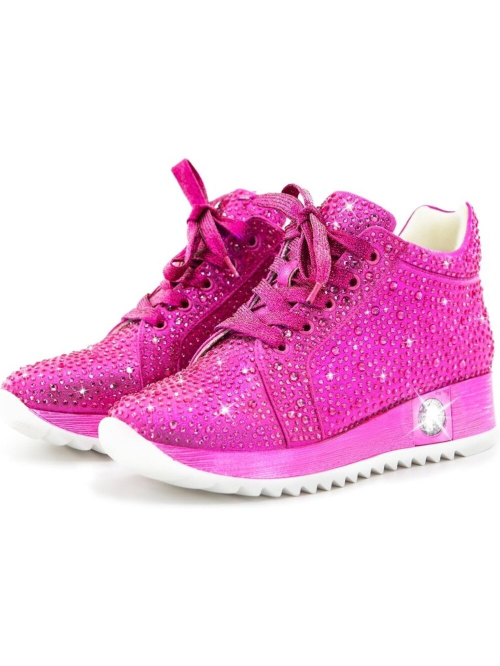 Women's Pink Platform Wedge Sparkly Rhinestone High Top Glitter Sneakers - Picture 4 of 5